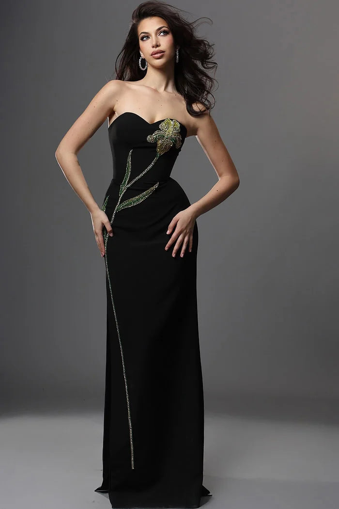 Jovani 51902 Black Strapless Embellished Flower Design Sheath Dress Side Slit