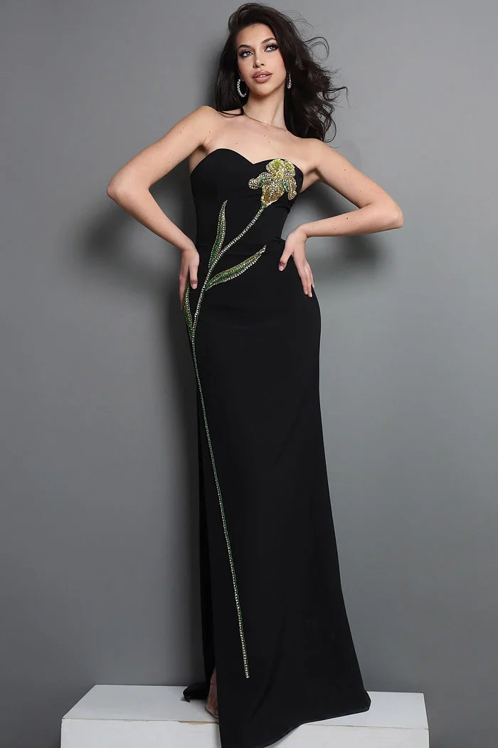 Jovani 51902 Black Strapless Embellished Flower Design Sheath Dress Side Slit