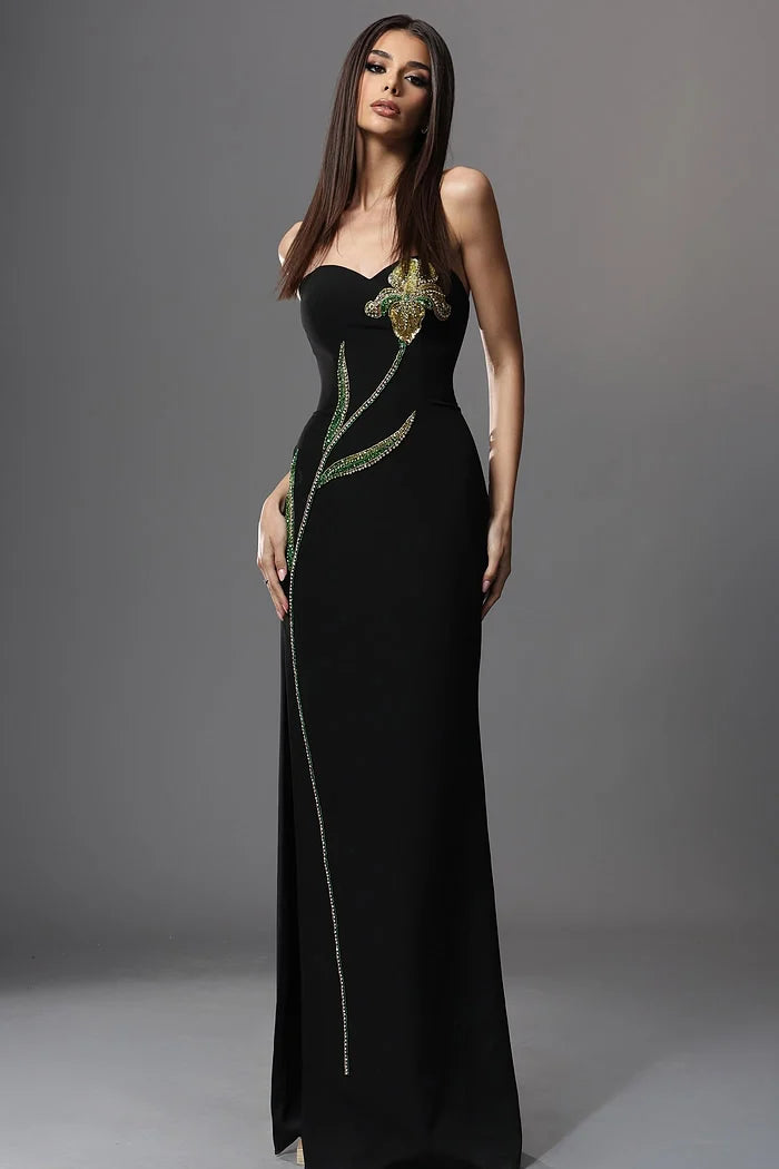 Jovani 51902 Black Strapless Embellished Flower Design Sheath Dress Side Slit