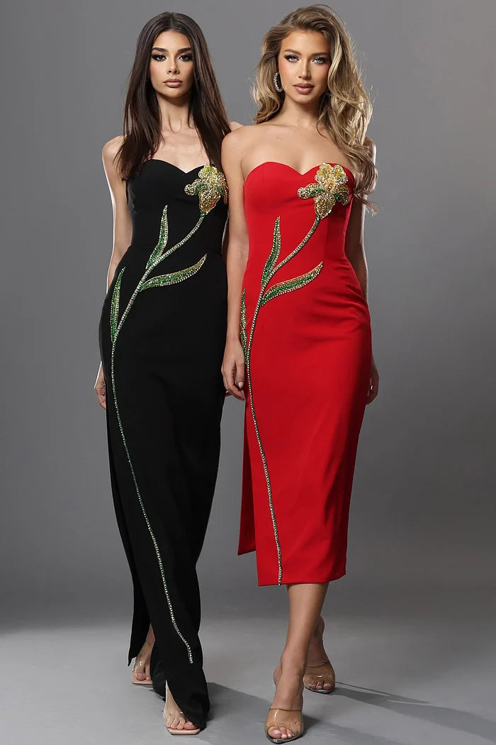 Jovani 51902 Black Strapless Embellished Flower Design Sheath Dress Side Slit