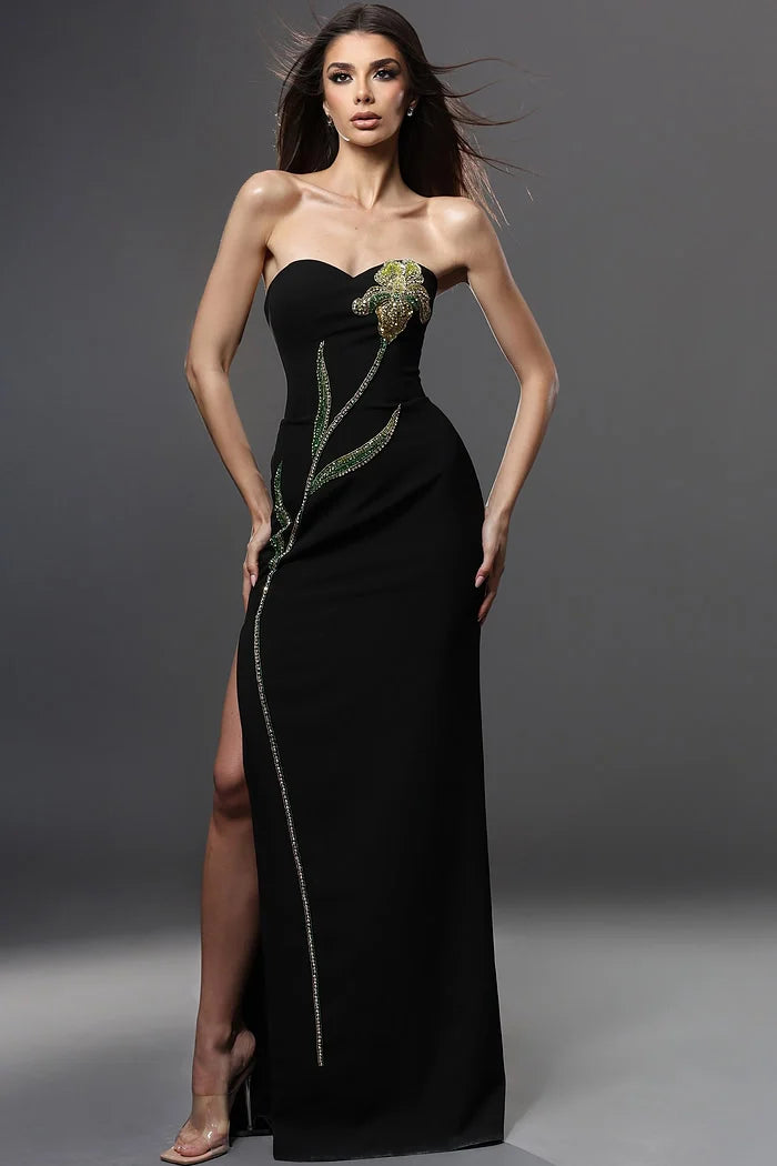 Jovani 51902 Black Strapless Embellished Flower Design Sheath Dress Side Slit