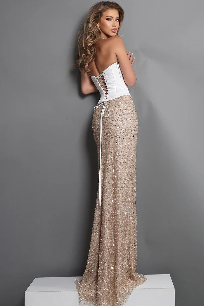 Jovani 51916 Off-White Nude Strapless Sequin Beaded Embellishments High Slit Corset Dress
