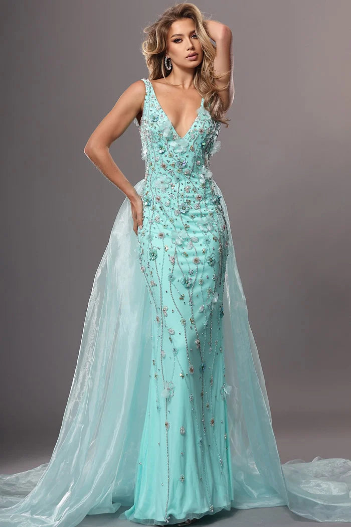 Jovani 51918 Green Sleeveless Beaded Embroidery 3D Flowers Sheer Train Dress
