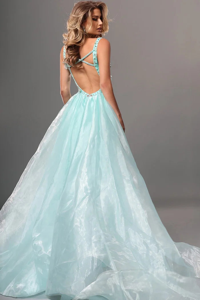 Jovani 51918 Green Sleeveless Beaded Embroidery 3D Flowers Sheer Train Dress