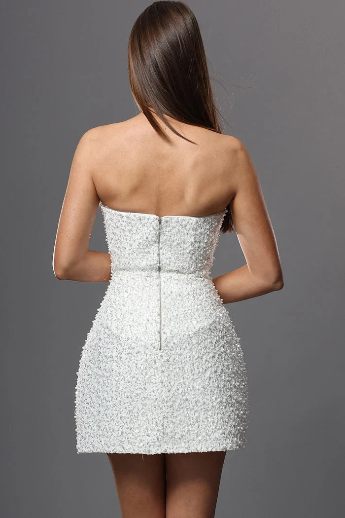 Jovani 52095 White Strapless Pearl Beaded Crystal Embellishments Sheath Mini Dress