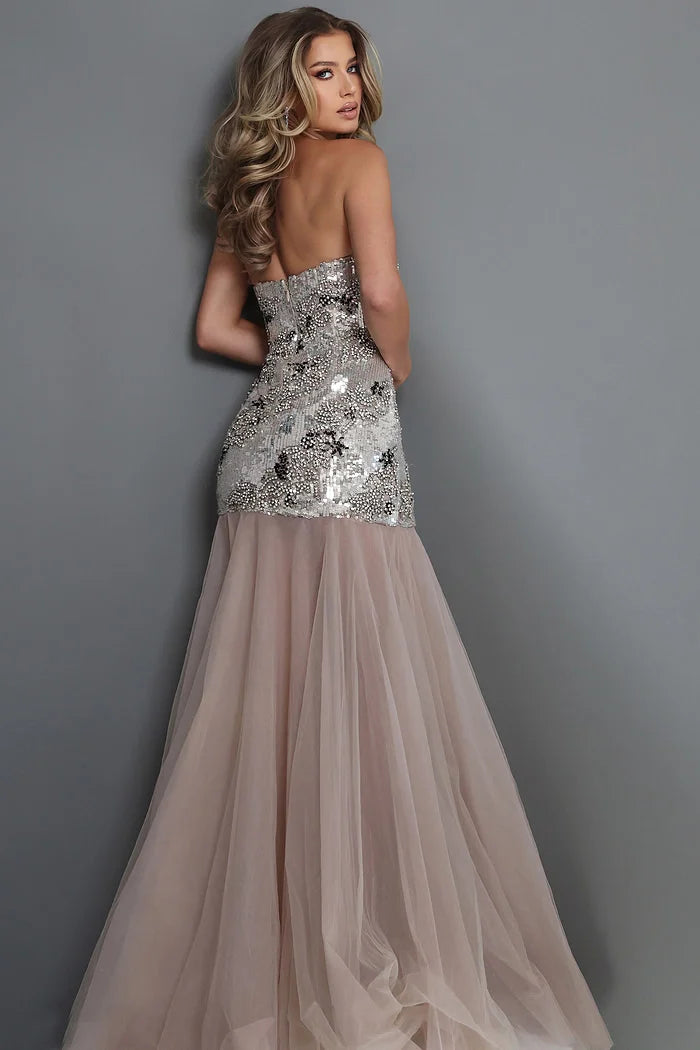 Jovani 52538 Silver Strapless Sequin Embellished Mermaid Gown with Soft Tulle Skirt