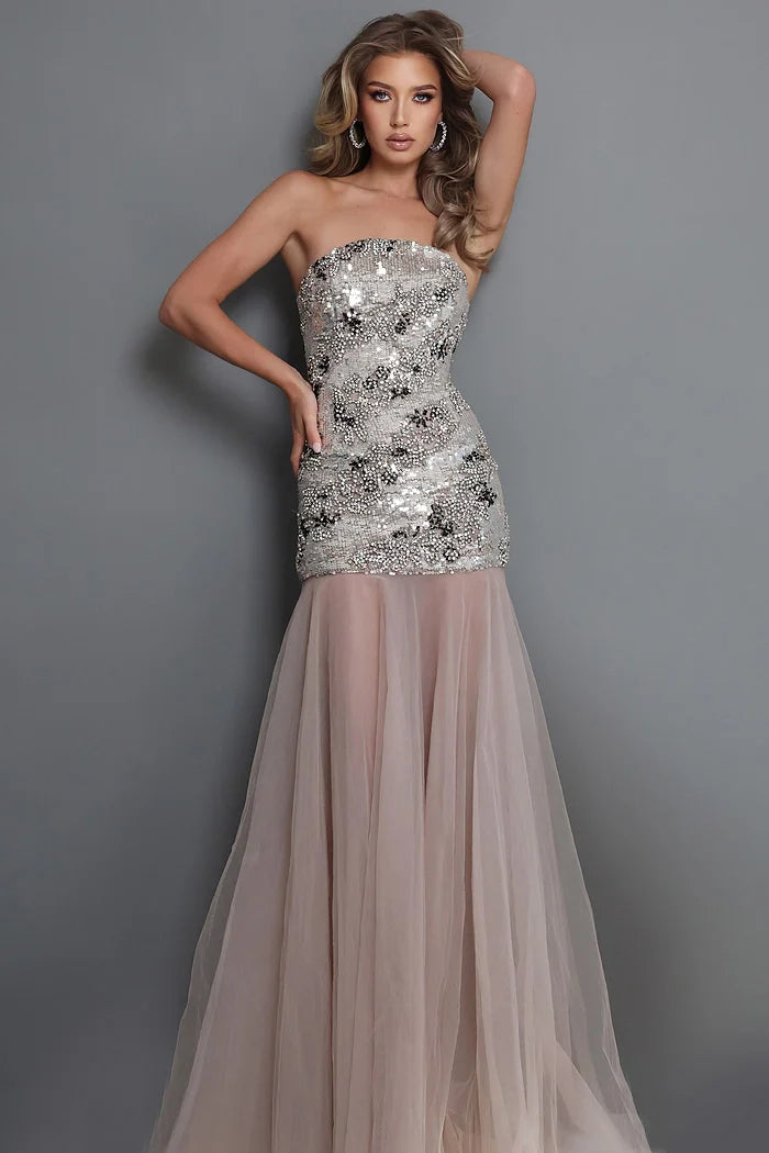 Jovani 52538 Silver Strapless Sequin Embellished Mermaid Gown with Soft Tulle Skirt