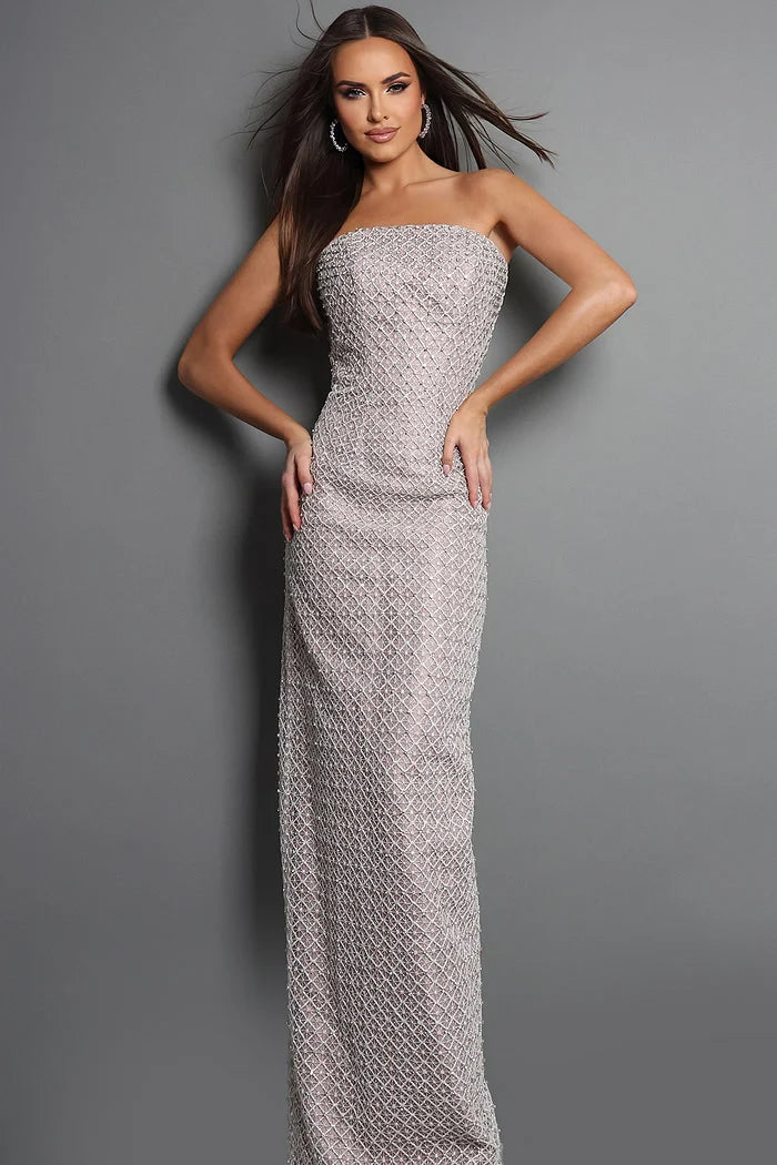Jovani 53288 Pink Strapless Crystal Embellishments Beaded Slit Column Gown
