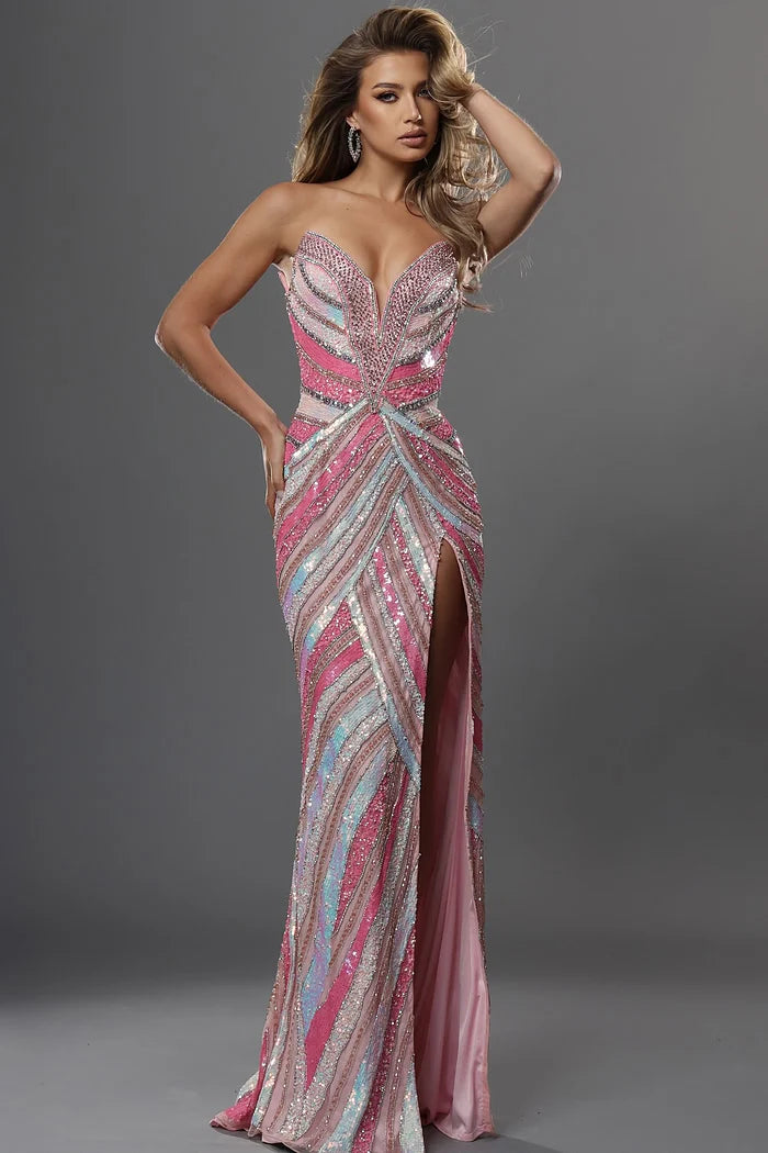 Jovani 53775 Pink Strapless V Neckline Sequin Embellishments Stripes High Slit Dress