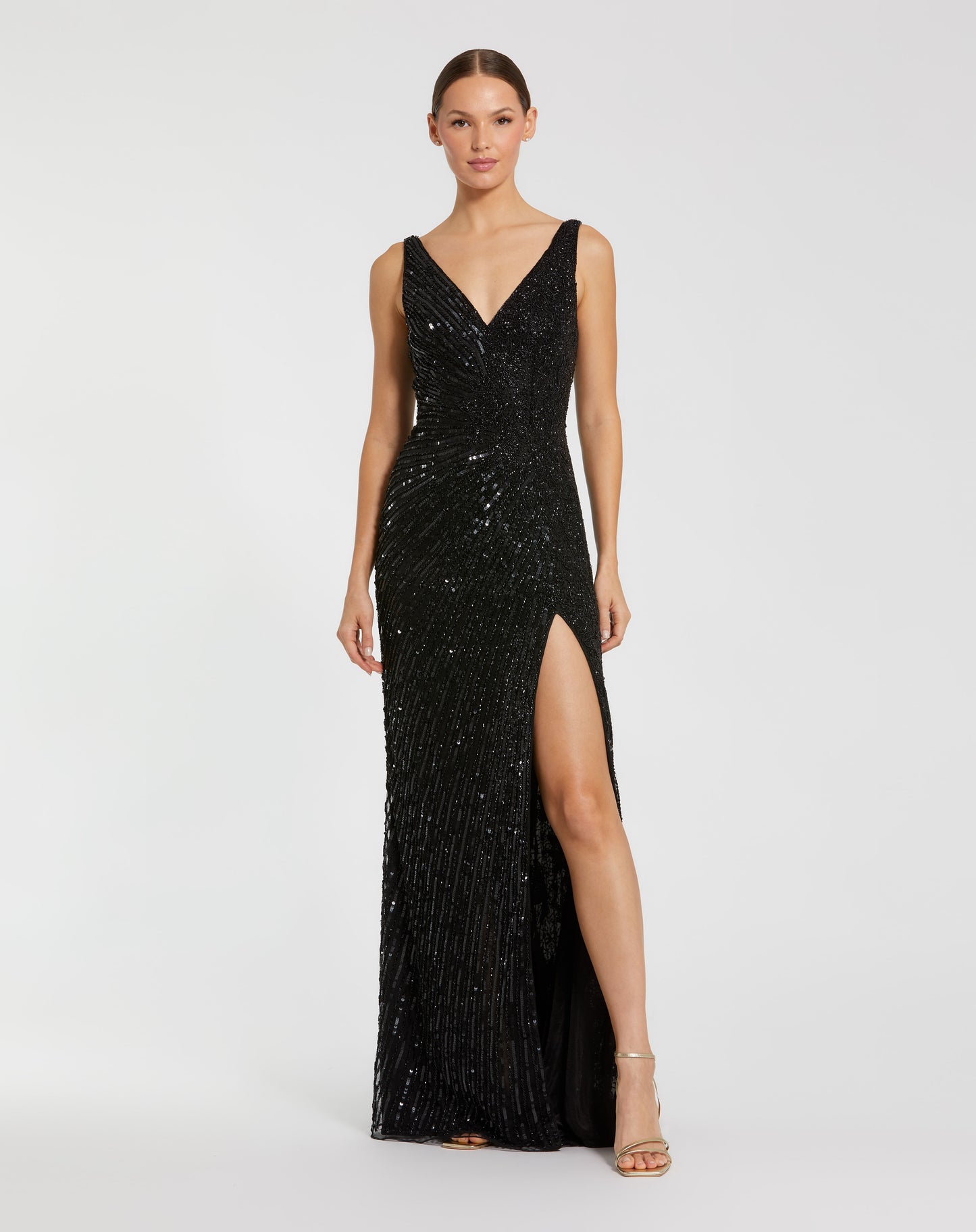Mac Duggal 5473 Gold Beaded Floral Sleeveless V-Neck Sequin Gown with a High Front Slit