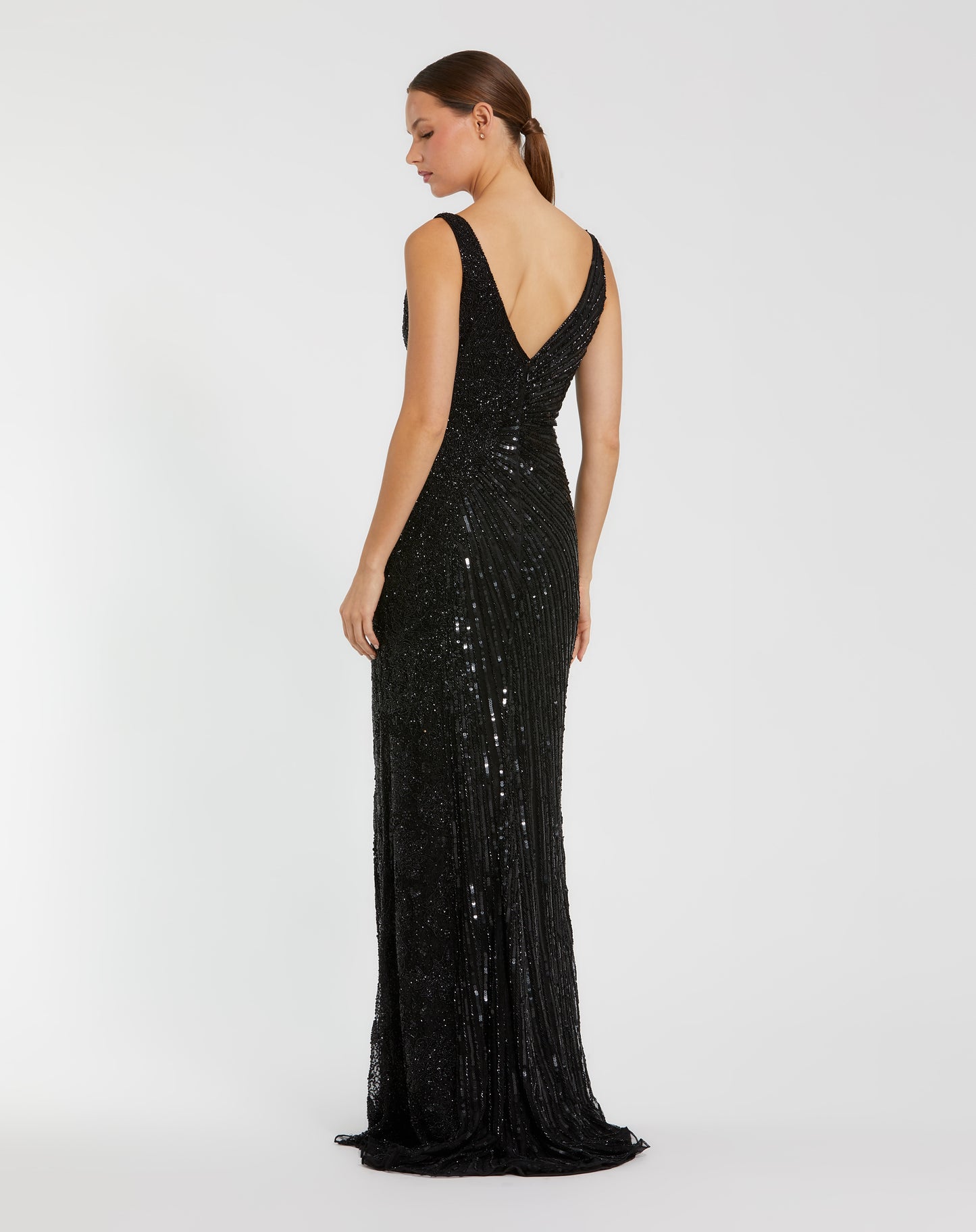 Mac Duggal 5473 Gold Beaded Floral Sleeveless V-Neck Sequin Gown with a High Front Slit