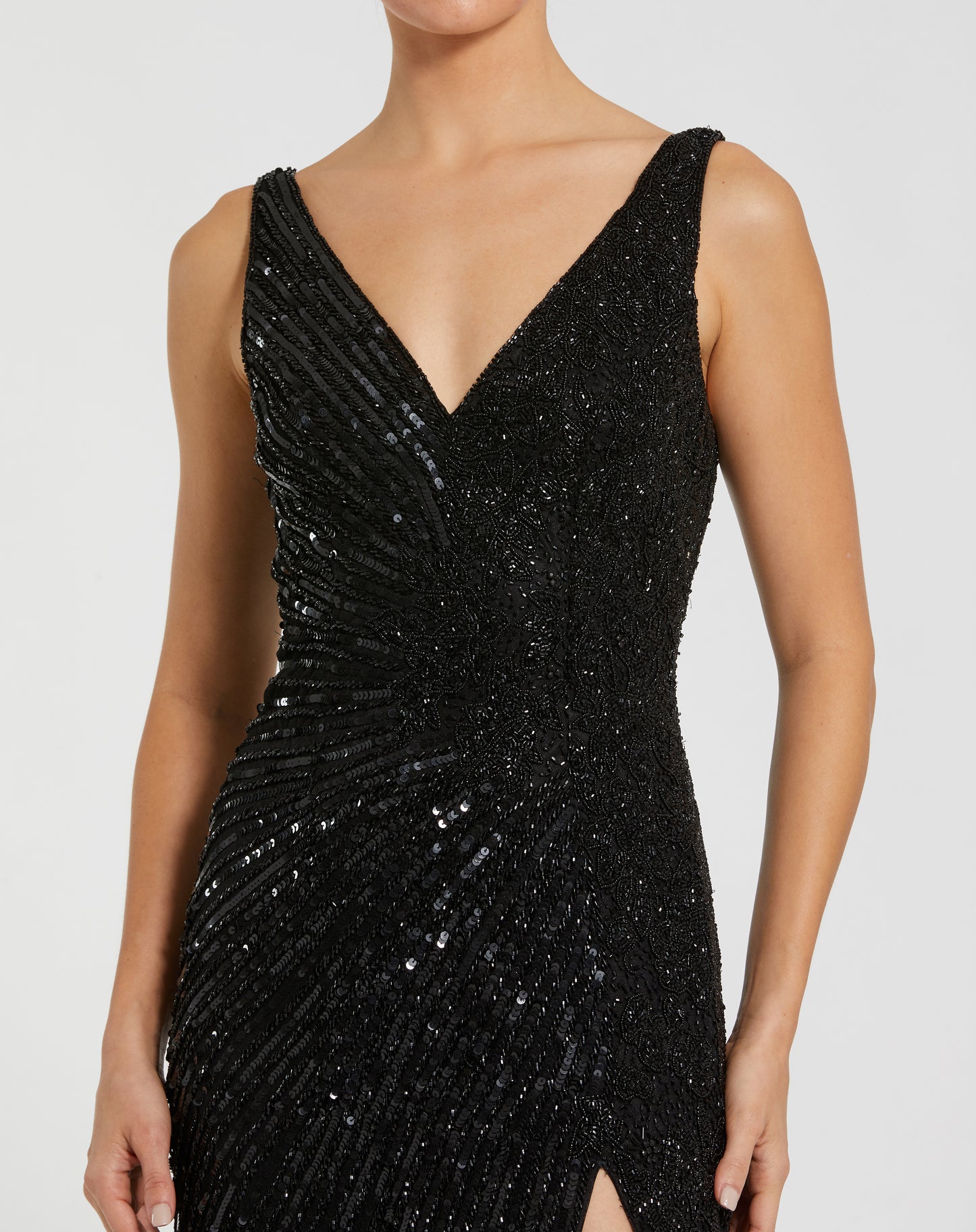 Mac Duggal 5473 Gold Beaded Floral Sleeveless V-Neck Sequin Gown with a High Front Slit