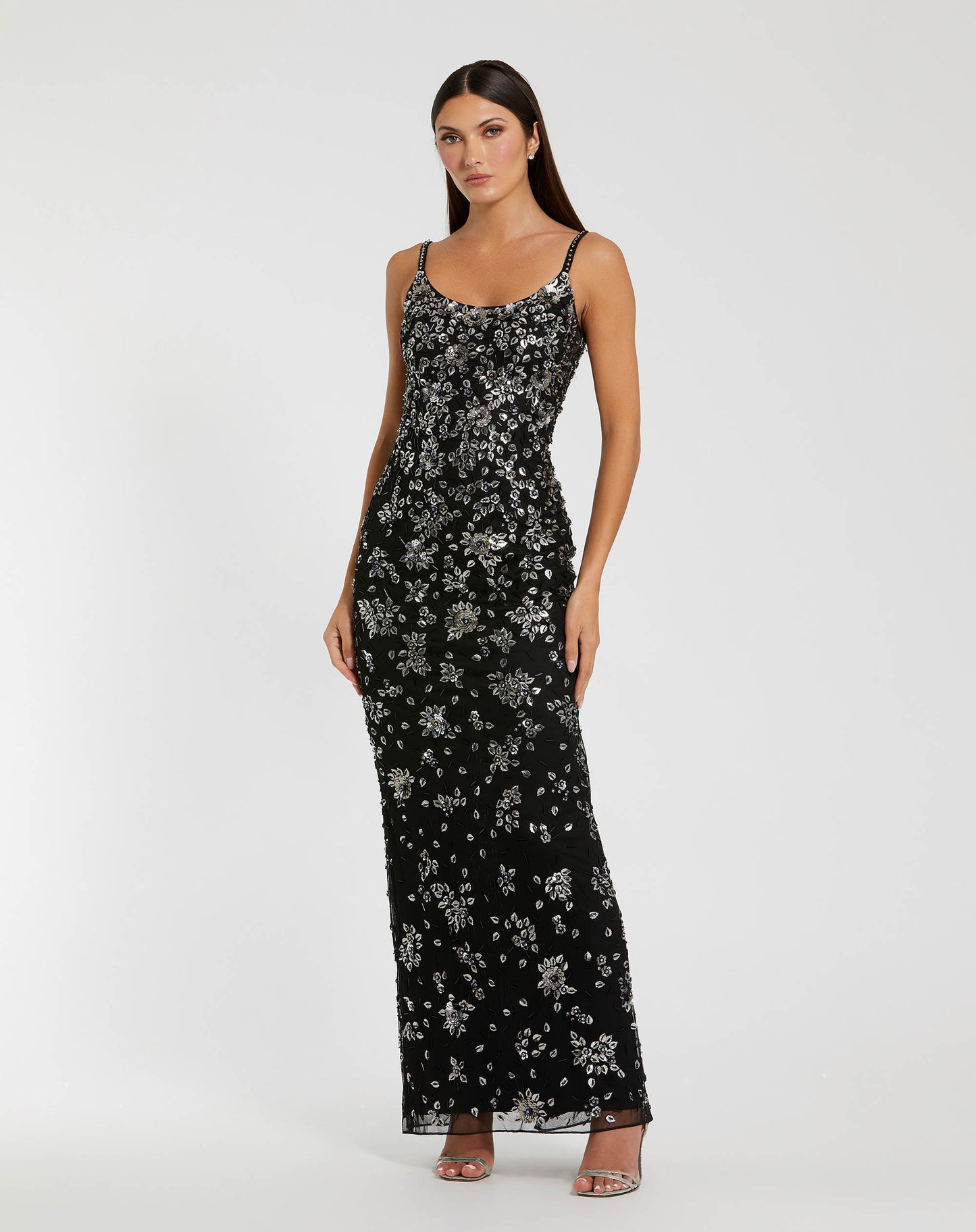 Mac Duggal 5477 Black Silver Spaghetti Straps Floral Embellished Scoop Neck Evening Gown