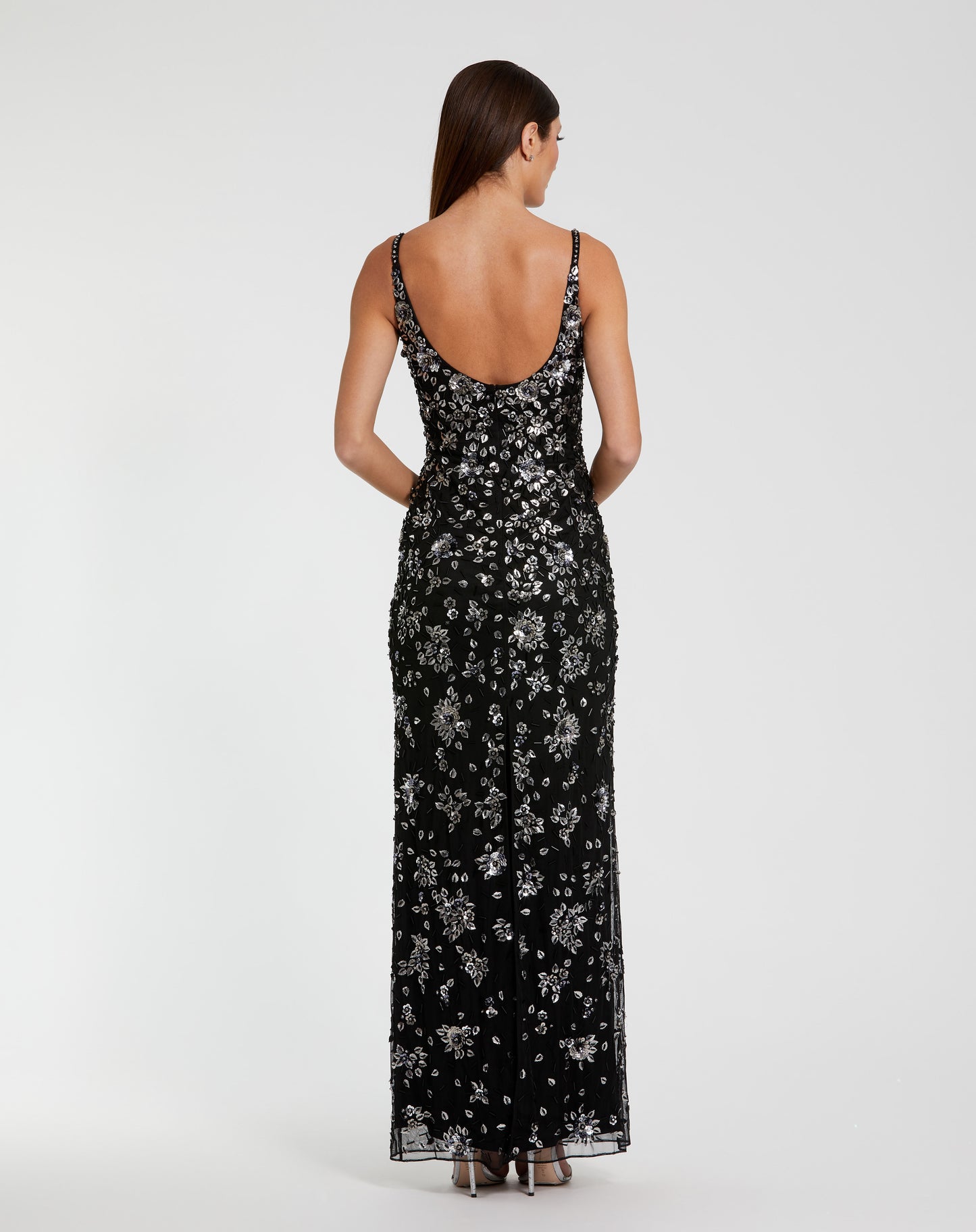 Mac Duggal 5477 Black Silver Spaghetti Straps Floral Embellished Scoop Neck Evening Gown