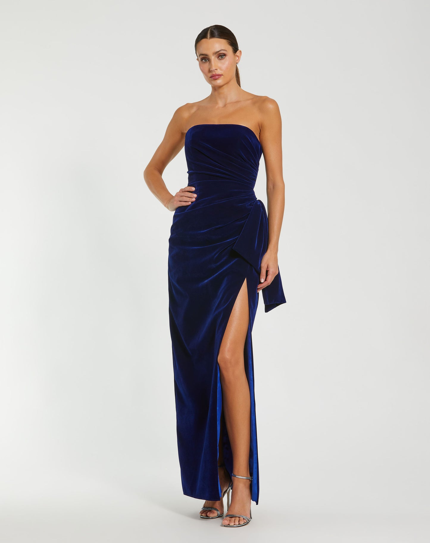 Mac Duggal 55080 Strapless High Slit Draped Velvet Gown