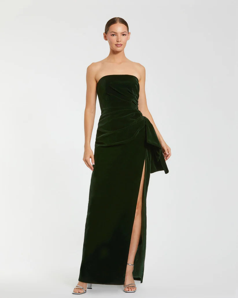 Mac Duggal 55080 Strapless High Slit Draped Velvet Gown
