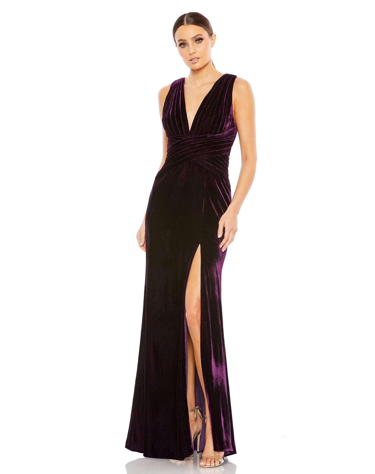 Mac Duggal 55957 Sleeveless Plunge Neck Pleated Velvet Gown