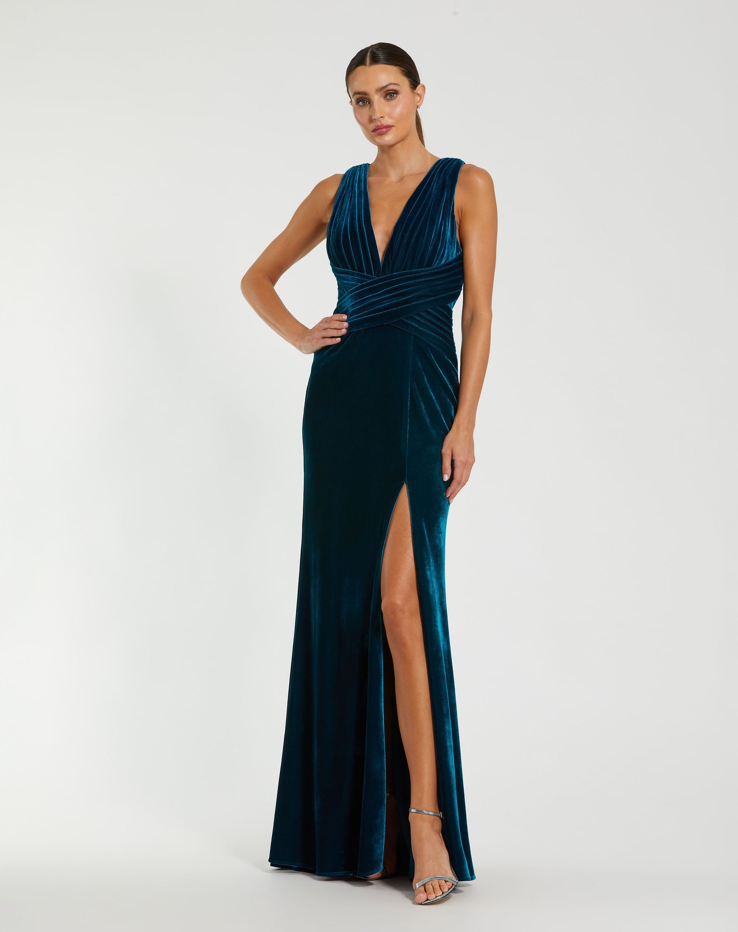 Mac Duggal 55957 Sleeveless Plunge Neck Pleated Velvet Gown