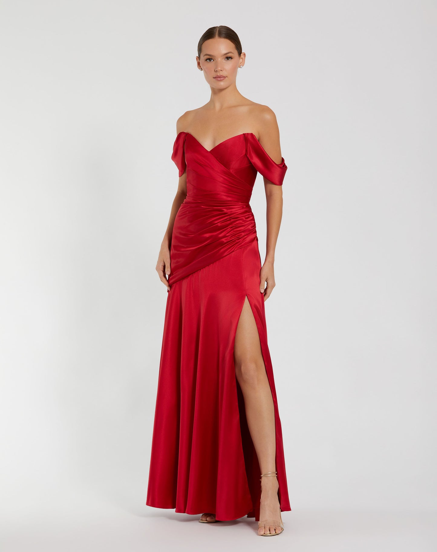 Mac Duggal 56037 Hard Satin Off the Shoulder Crossover Gown