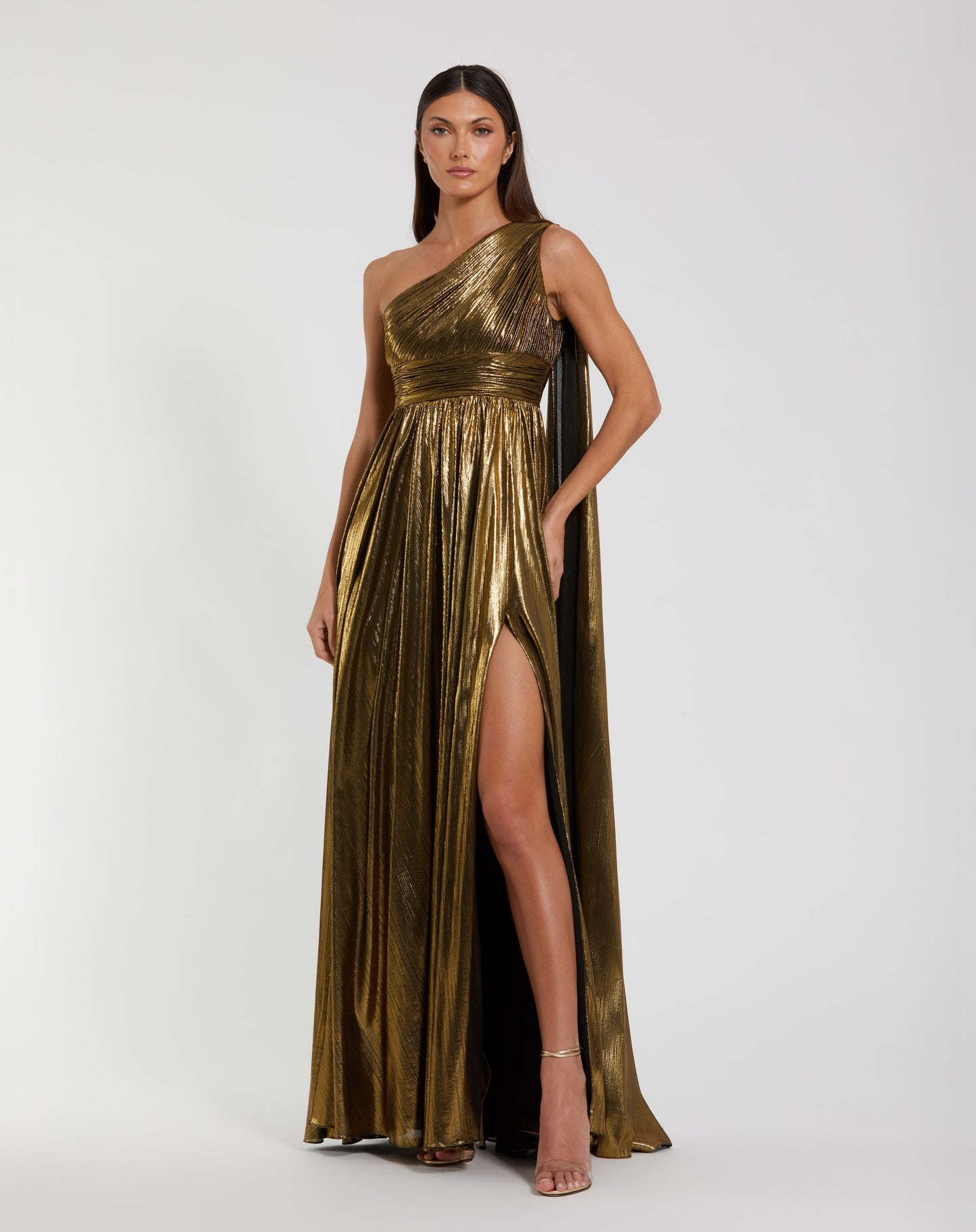 Mac Duggal 56086 Gold Metallic One-Shoulder Pleated Gown with a Slit