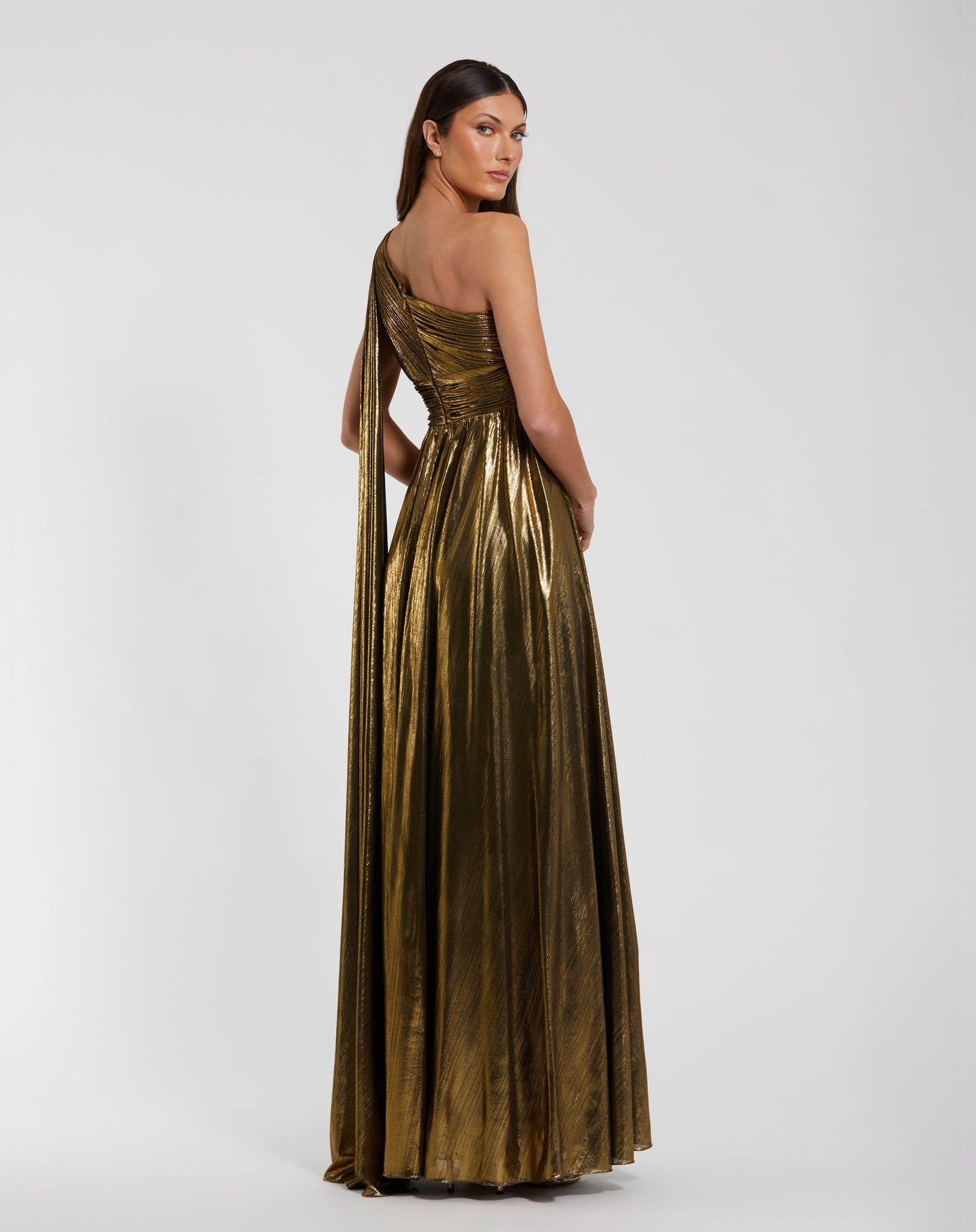 Mac Duggal 56086 Gold Metallic One-Shoulder Pleated Gown with a Slit