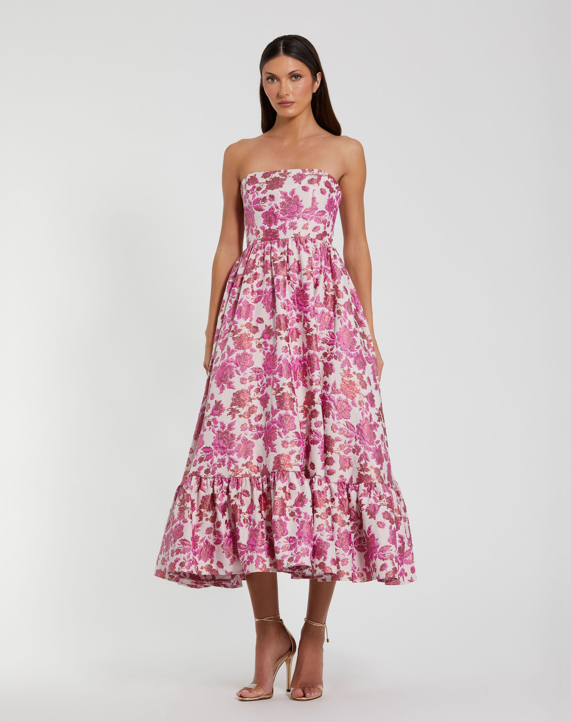 mac duggal brocade midi dress Brocade Strapless A Line Midi Dress