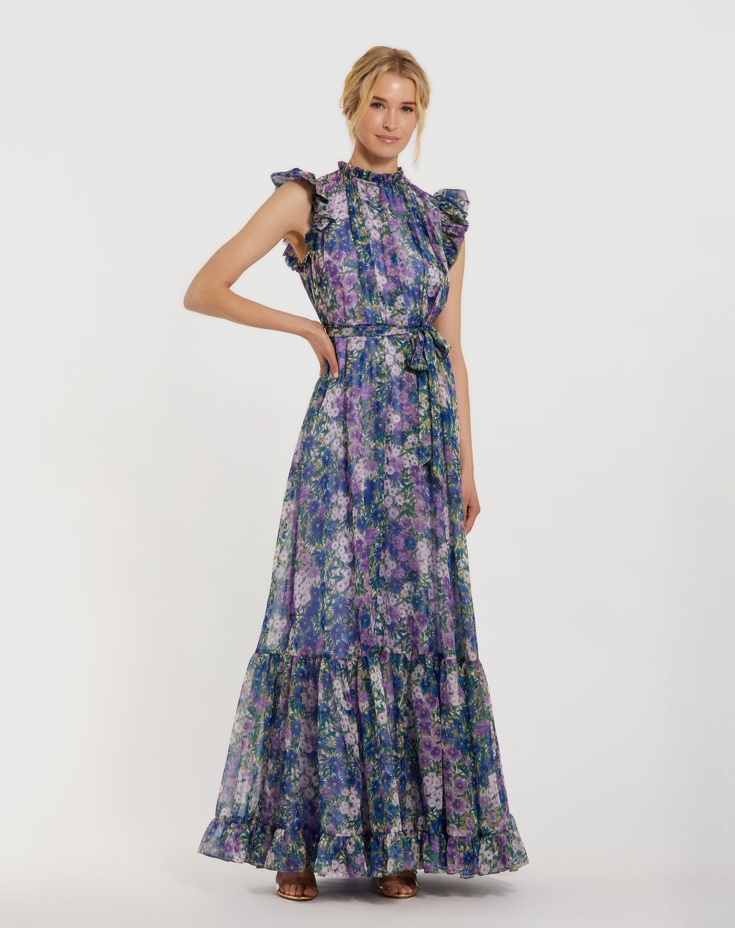 Mac Duggal 56116 Printed Chiffon Ruffle Sleeve Gown With Bow Belt