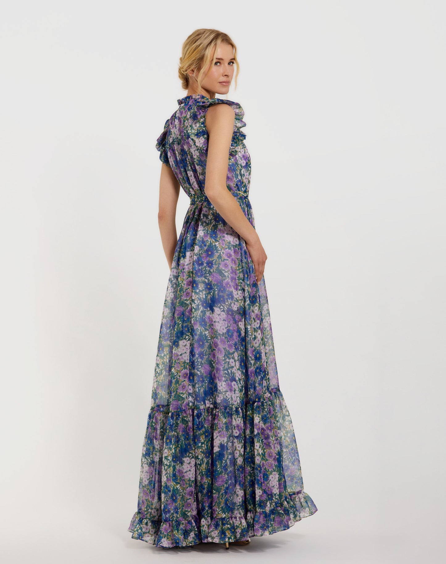 Mac Duggal 56116 Printed Chiffon Ruffle Sleeve Gown With Bow Belt