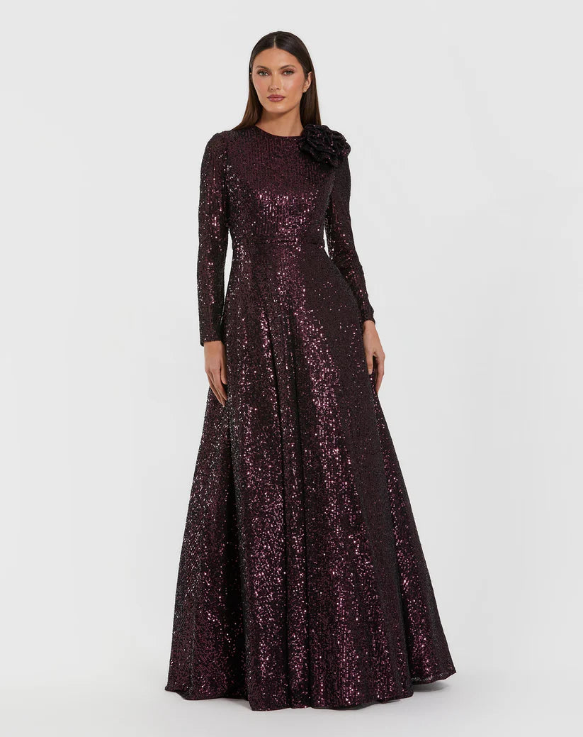 Mac Duggal 56178 Long Sleeve Sequin Ball Gown With 3D Flower