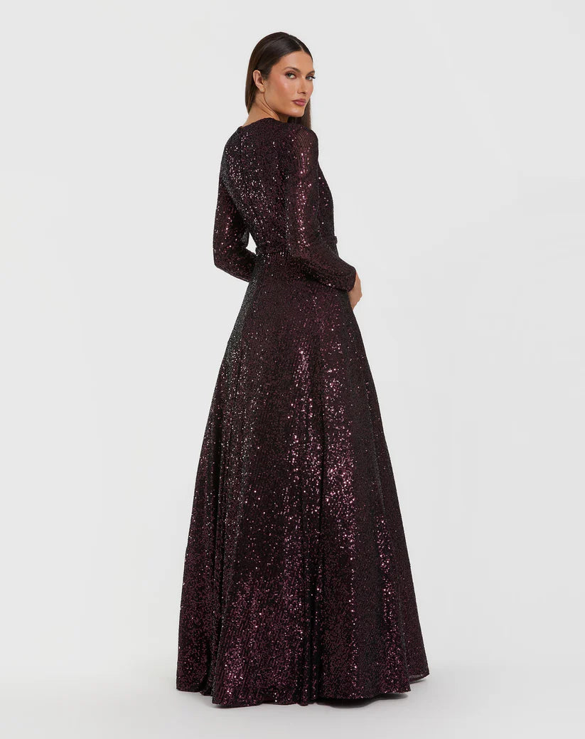 Mac Duggal 56178 Long Sleeve Sequin Ball Gown With 3D Flower