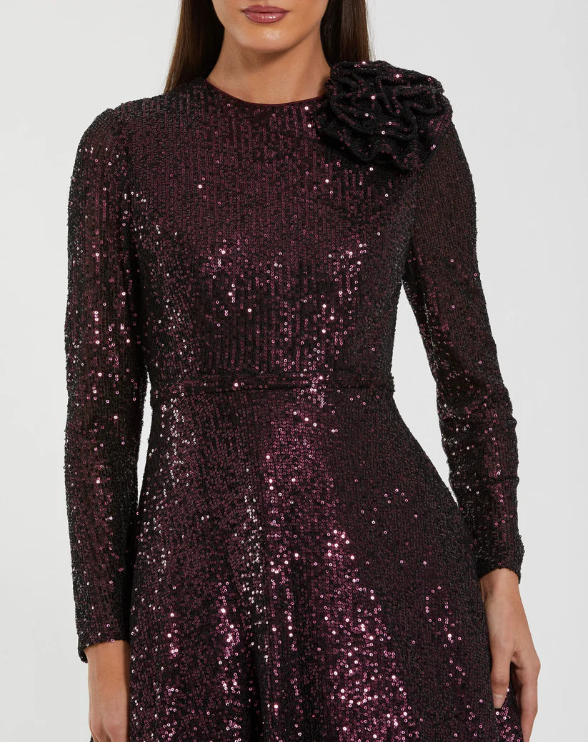 Mac Duggal 56178 Long Sleeve Sequin Ball Gown With 3D Flower