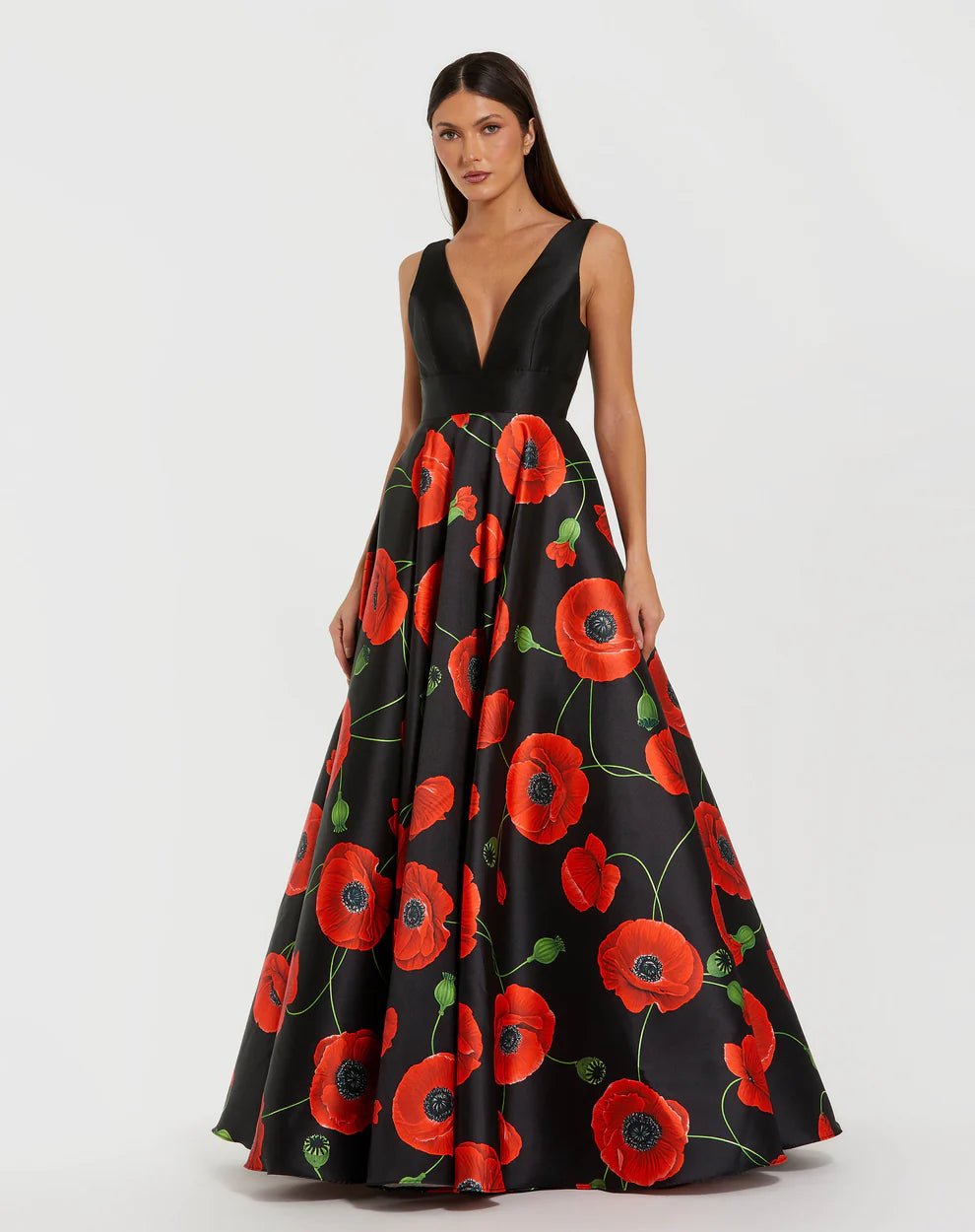 Mac Duggal 56181 Plunge Neck Ball Gown With Floral Mikado Skirt