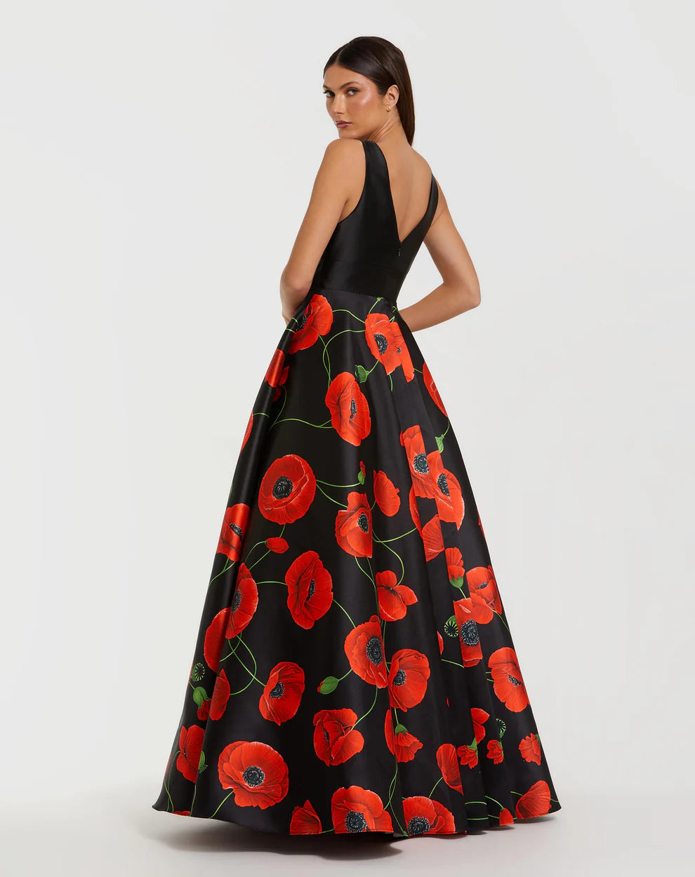 Mac Duggal 56181 Plunge Neck Ball Gown With Floral Mikado Skirt