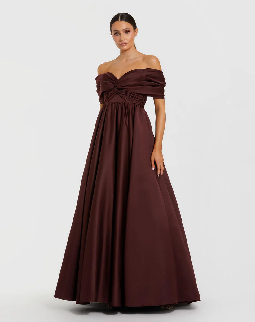 Mac Duggal 56188 Satin Off The Shoulder Twist Evening Ball Gown