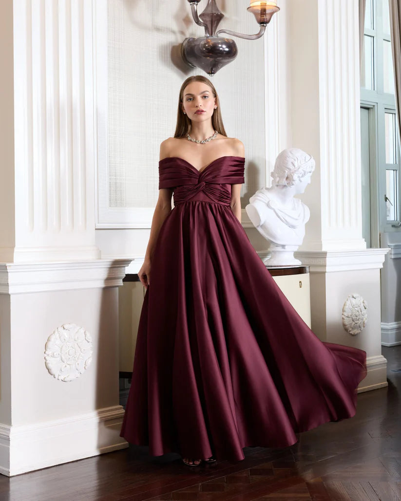 Mac Duggal 56188 Satin Off The Shoulder Twist Evening Ball Gown