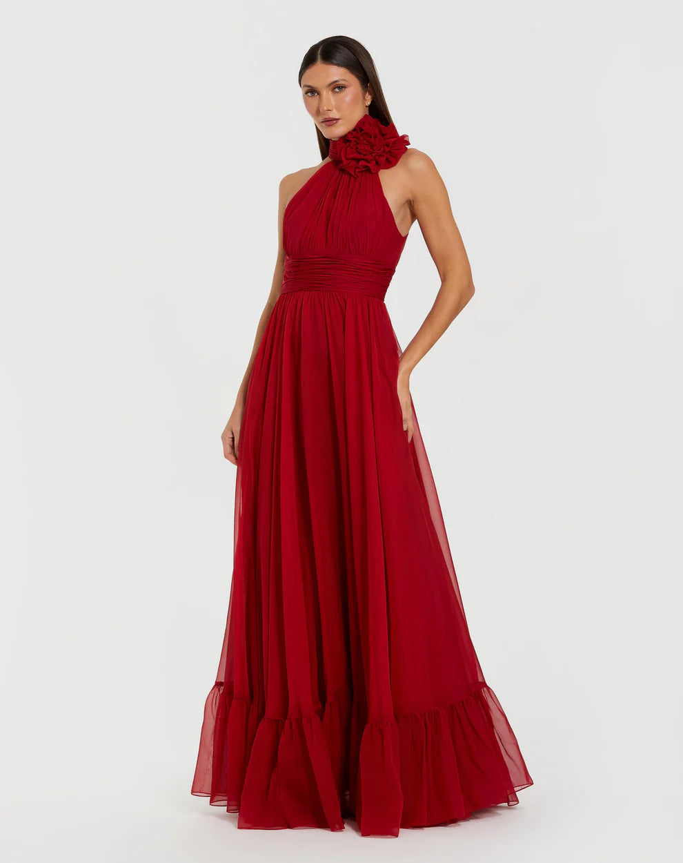 Mac Duggal 56254 Halter Neck Chiffon Gown With 3D Flower