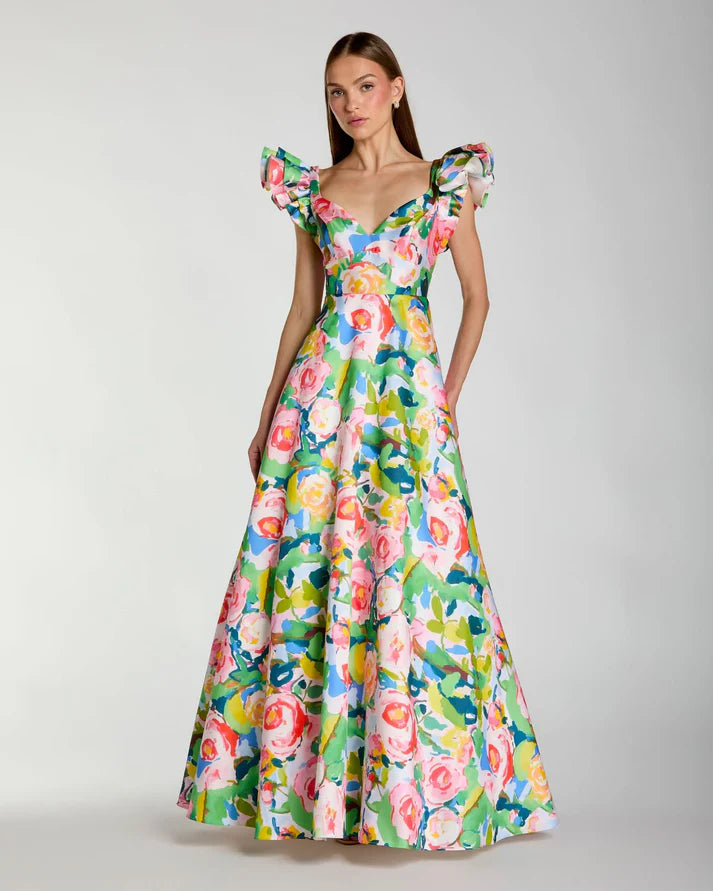 Mac Duggal 56341 Multicolor Mikado Ruffle Cap Sleeve Sweetheart Neckline Ball Gown