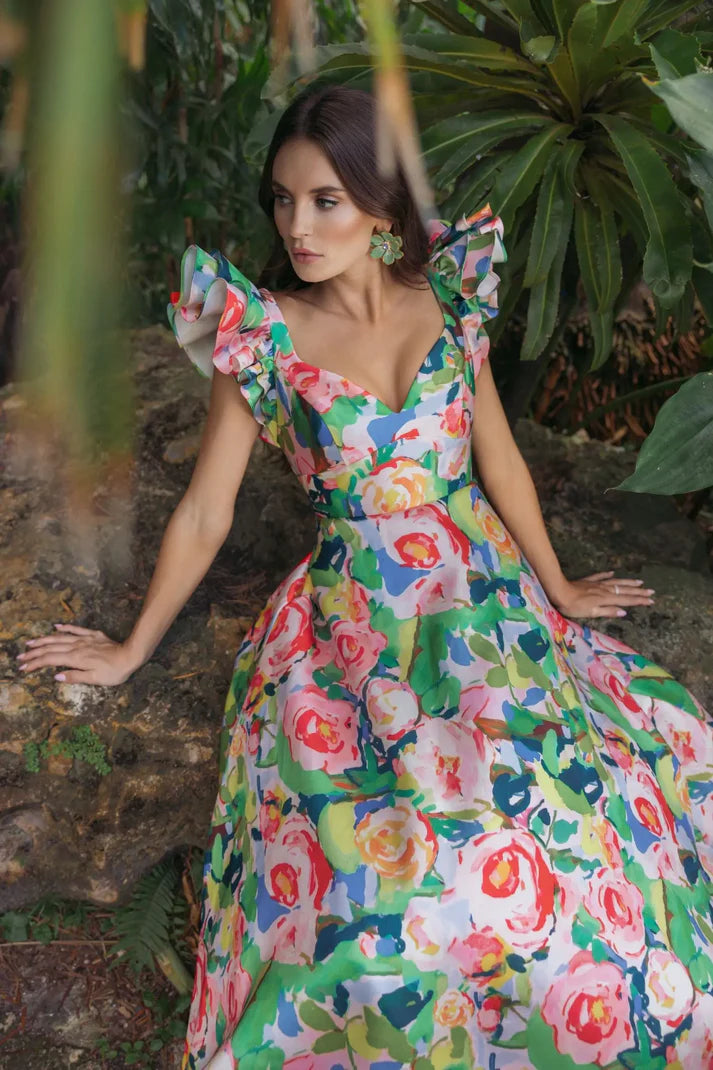 Mac Duggal 56341 Multicolor Mikado Ruffle Cap Sleeve Sweetheart Neckline Ball Gown