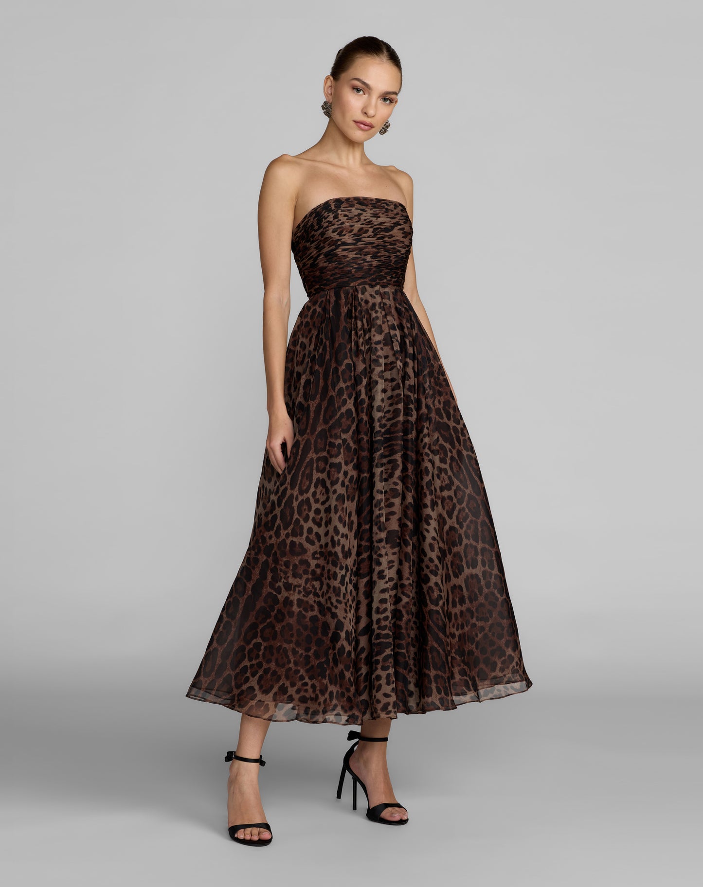 Mac Duggal 56350 Leopard Strapless A-Line Chiffon Midi Dress with a Ruched Bodice
