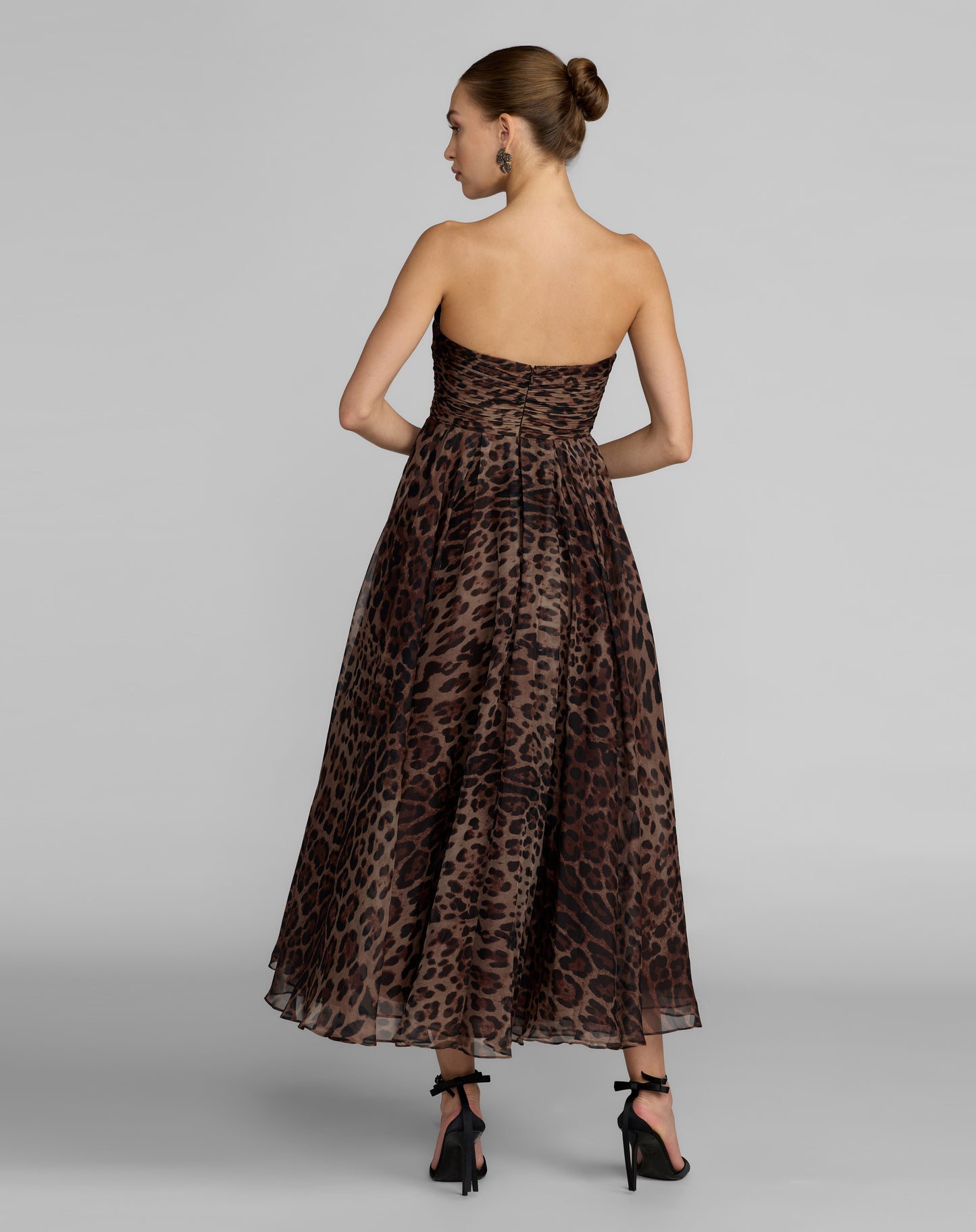 Mac Duggal 56350 Leopard Strapless A-Line Chiffon Midi Dress with a Ruched Bodice