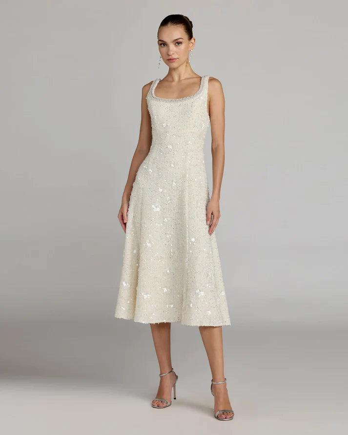 Mac Duggal 56371 Ivory Boucle Sleeveless Pearl Embellished Scoop Neckline Midi Dress