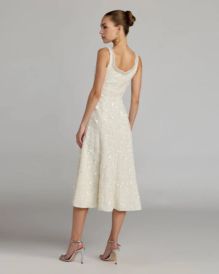 Mac Duggal 56371 Ivory Boucle Sleeveless Pearl Embellished Scoop Neckline Midi Dress