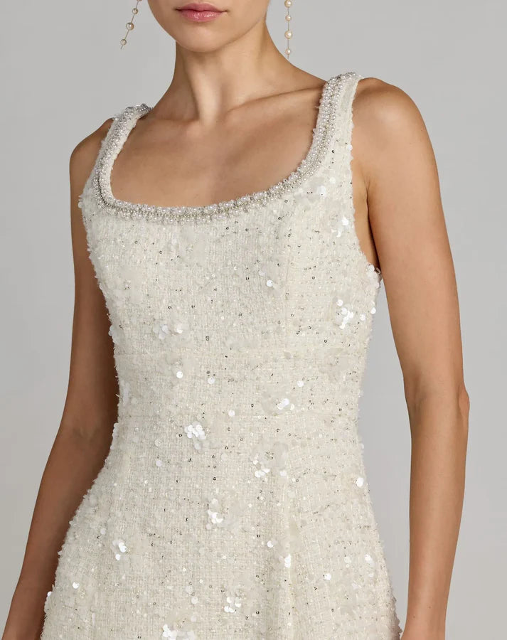 Mac Duggal 56371 Ivory Boucle Sleeveless Pearl Embellished Scoop Neckline Midi Dress