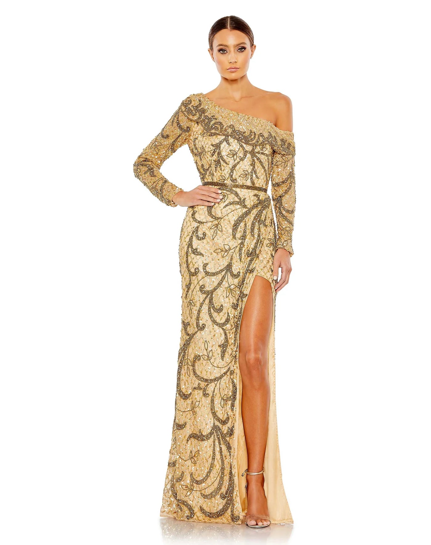 Mac Duggal 5639 Embellished One Shoulder Long Sleeve Faux Wrap Gown