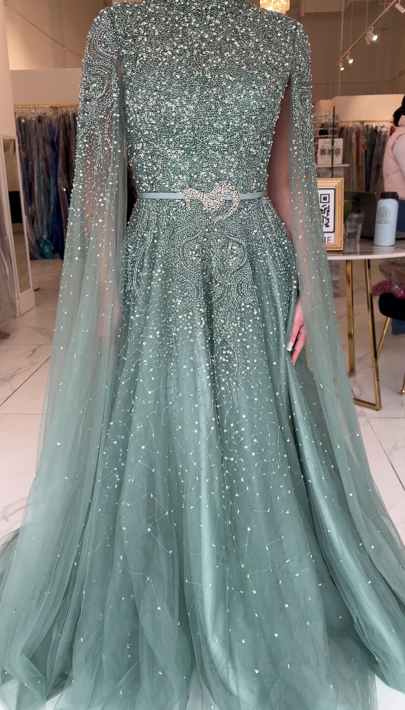 Noor Modest Long Drape Sleeves Beaded A-line Gown Sage / 4 Noor Modest Long Drape Sleeves Beaded A-line Gown Sage / 4