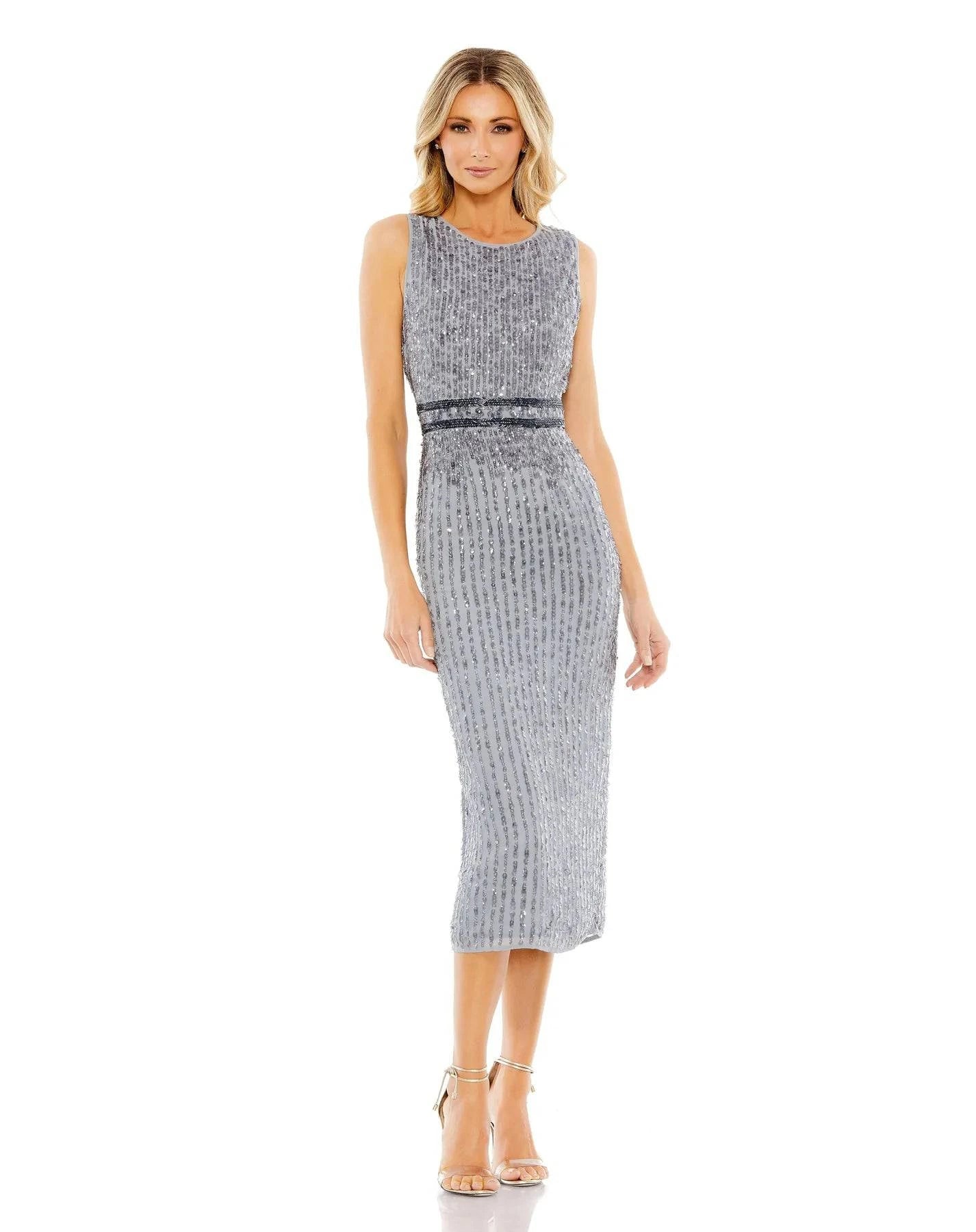 Mac Duggal A10509 Sleeveless High Neck Beaded Midi Sheath Dress B Chic Fashions Tea Length Dress Evening Gowns