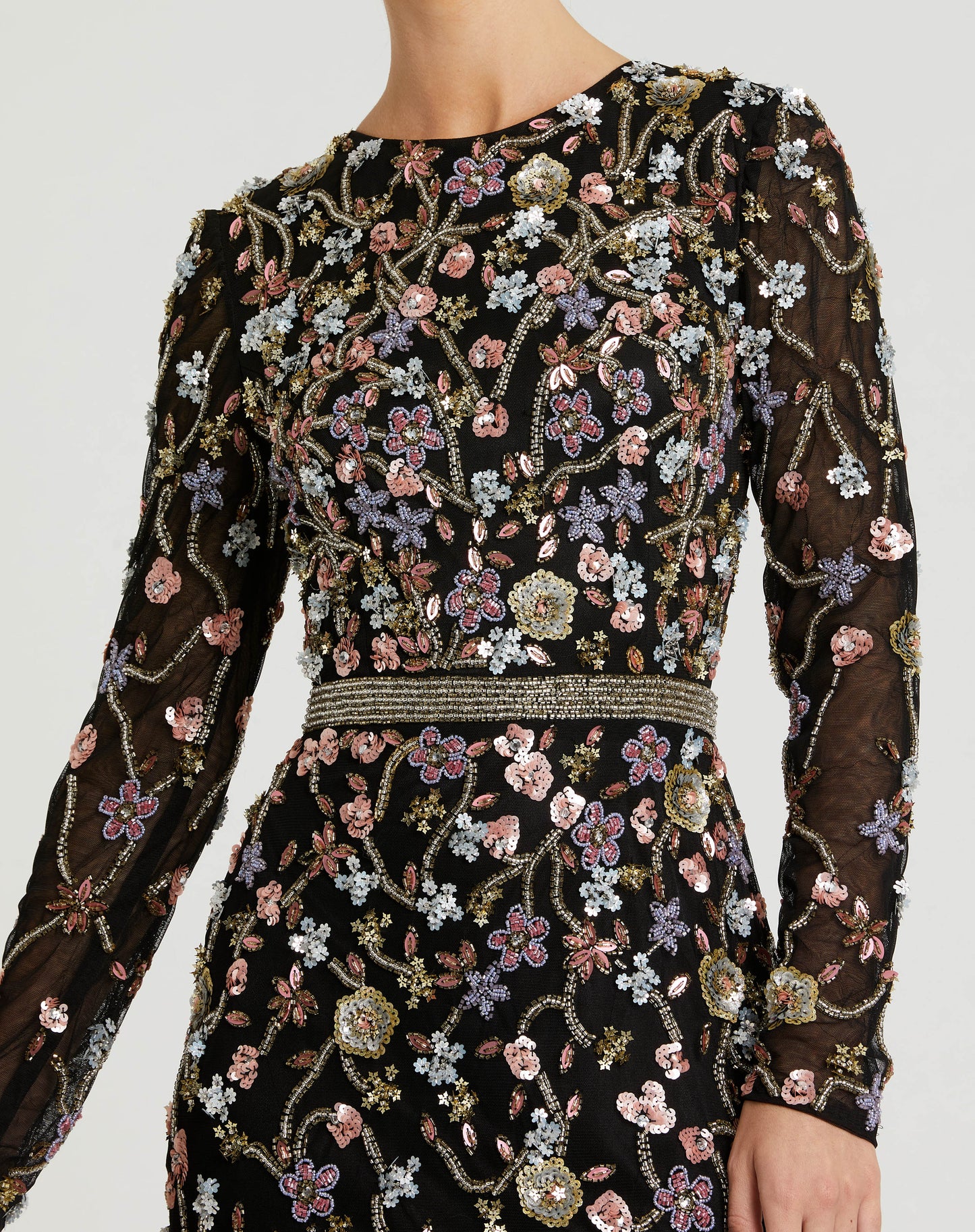 Mac Duggal 6135 Long Sleeve Embellished Mesh Gown