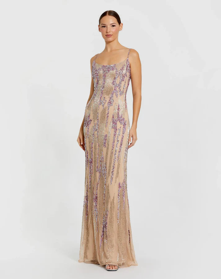 Mac Duggal 6150 Nude Embellished Spaghetti Strap Scoop Neckline Column Gown