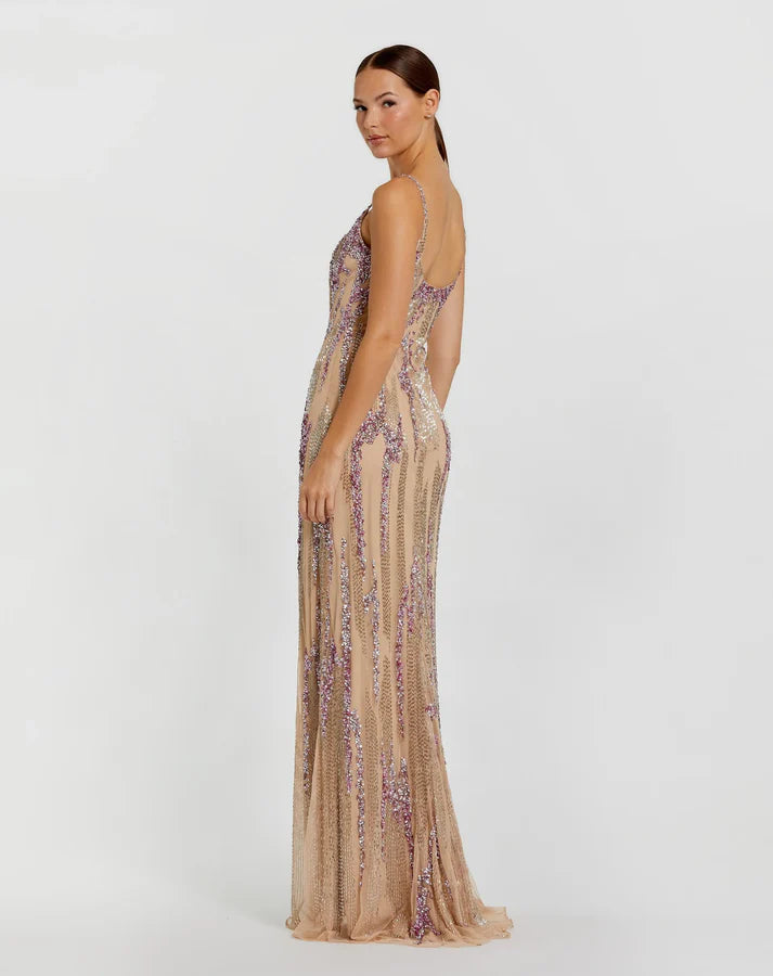 Mac Duggal 6150 Nude Embellished Spaghetti Strap Scoop Neckline Column Gown