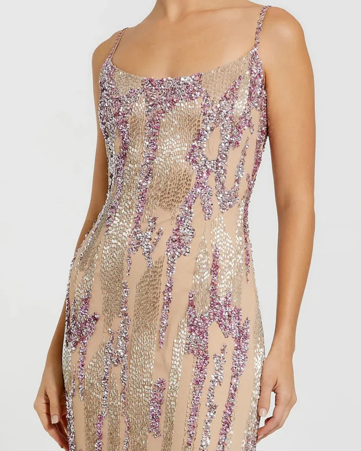 Mac Duggal 6150 Nude Embellished Spaghetti Strap Scoop Neckline Column Gown